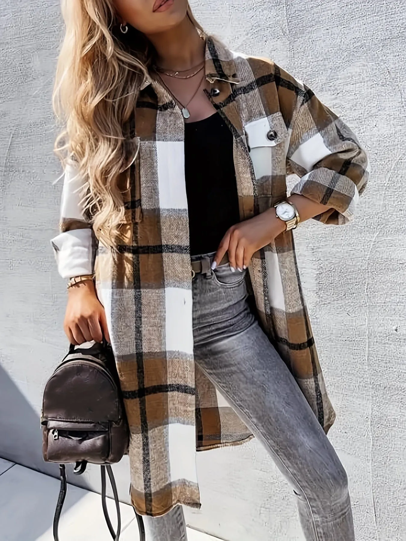 Casual Loose Fit Checkered Coat