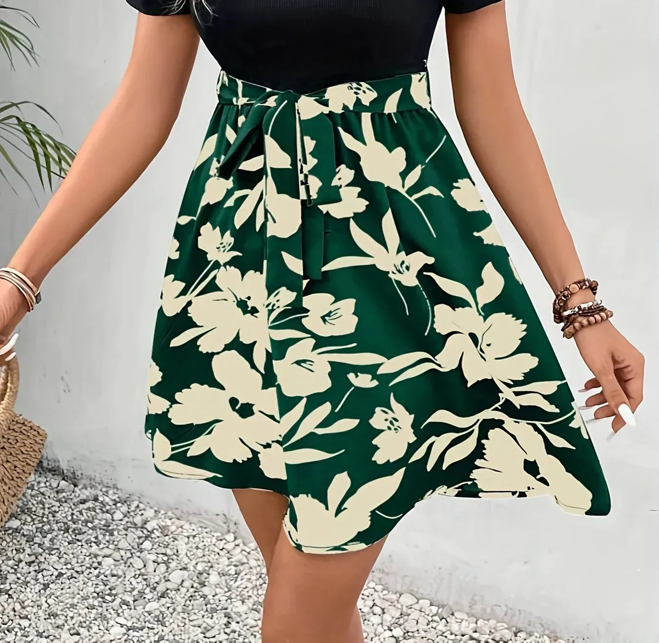 Casual Printing Thin Belt Half Skirt - European and American Style