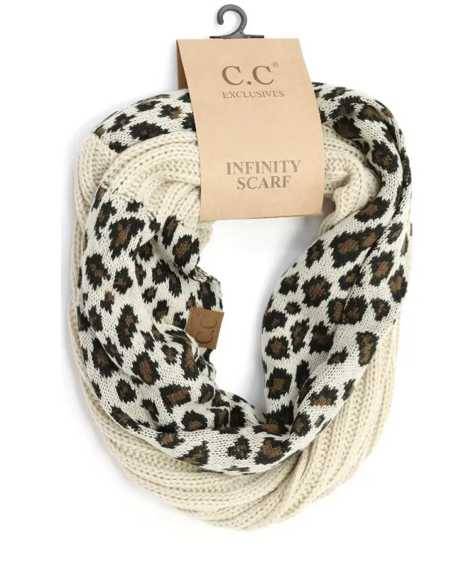 CC Beanie Ribbed Knit 2-Tone Leopard Print Infinity Scarf