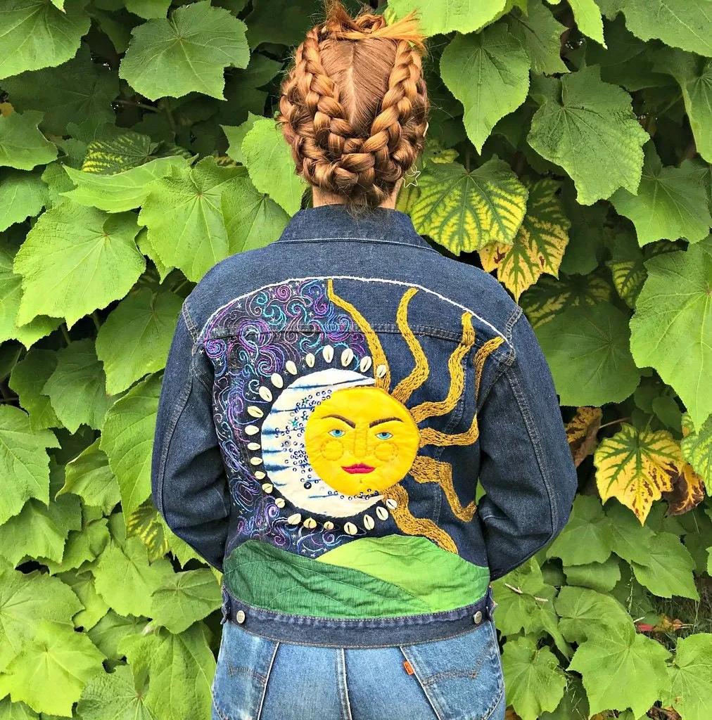 Celestial Hand-Embroidered Mixed-Media Art Jacket. Upcycled Denim. One of a Kind. Keep it Cosmic. Sun & Moon