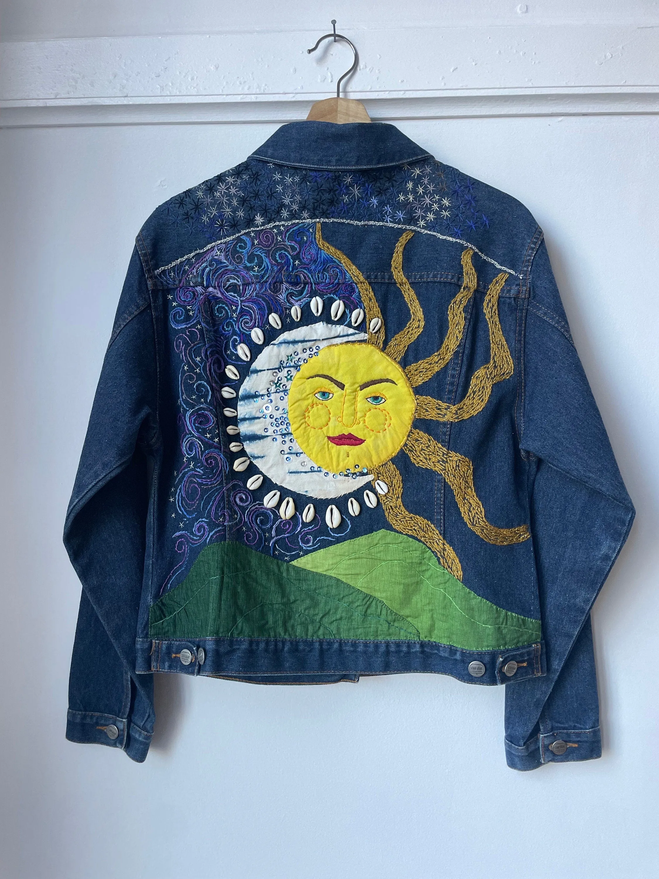 Celestial Hand-Embroidered Mixed-Media Art Jacket. Upcycled Denim. One of a Kind. Keep it Cosmic. Sun & Moon