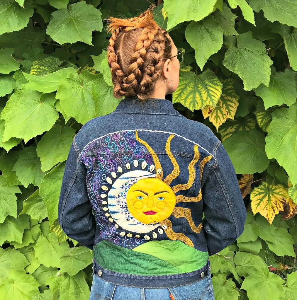 Celestial Hand-Embroidered Mixed-Media Art Jacket. Upcycled Denim. One of a Kind. Keep it Cosmic. Sun & Moon