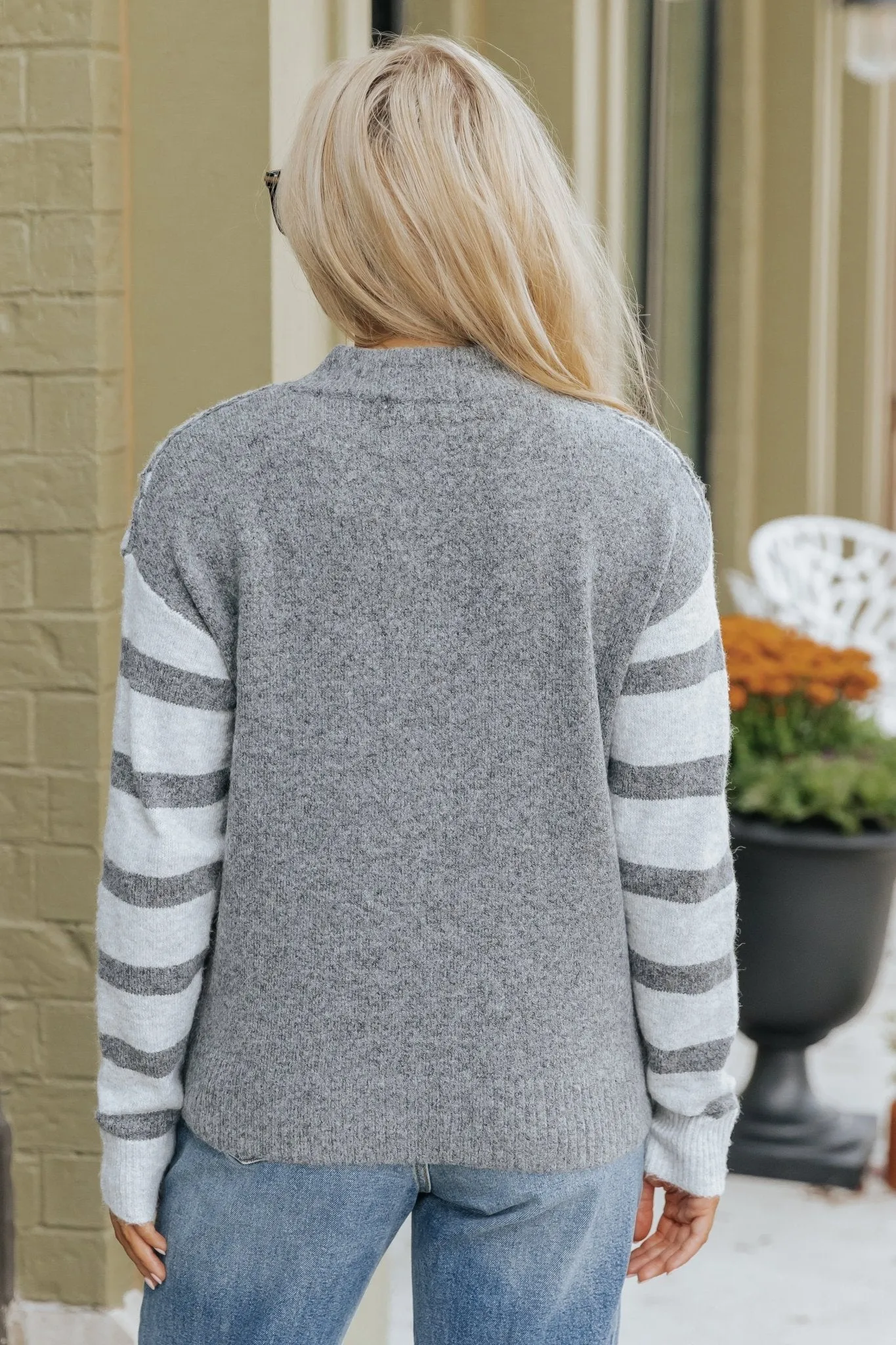 Charcoal Stitch Detail Color Block Striped Sweater