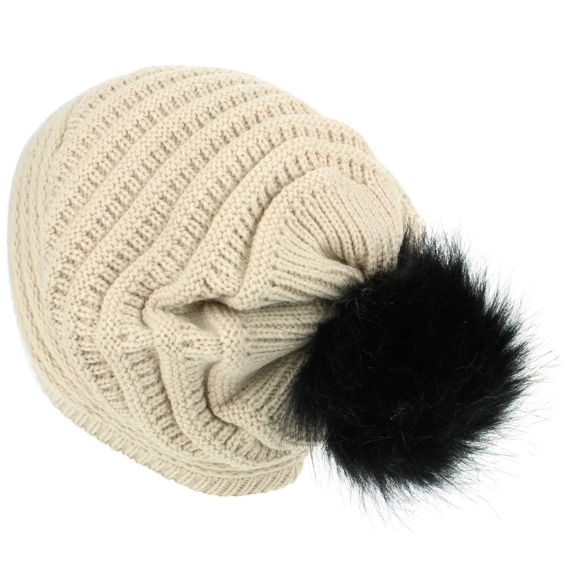 Chunky Ribbed Slouch Beanie Hat with Faux Fur Bobble - Beige