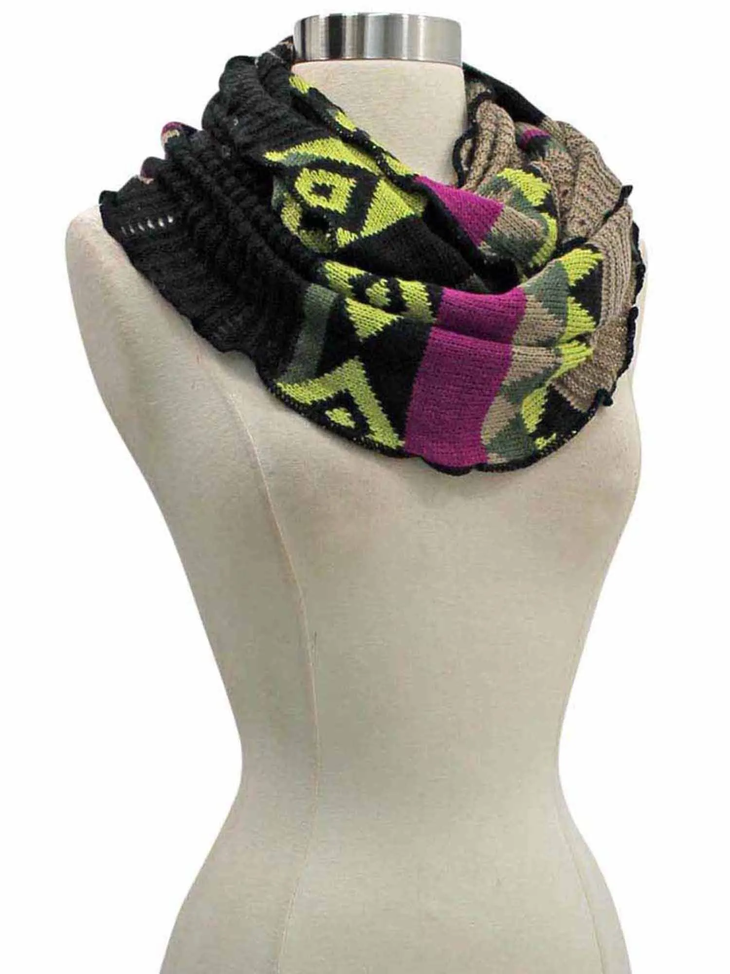 Colorful Knit Ring Infinity Scarf With Ruffled Edge