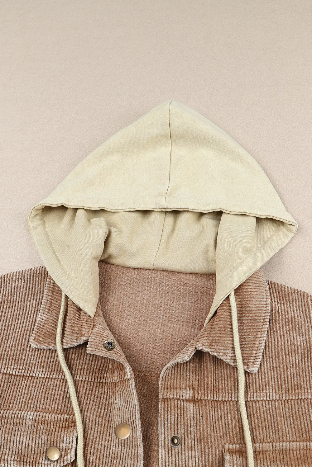 Corduroy Shacket Jacket Button Down Hooded Coat with Pockets