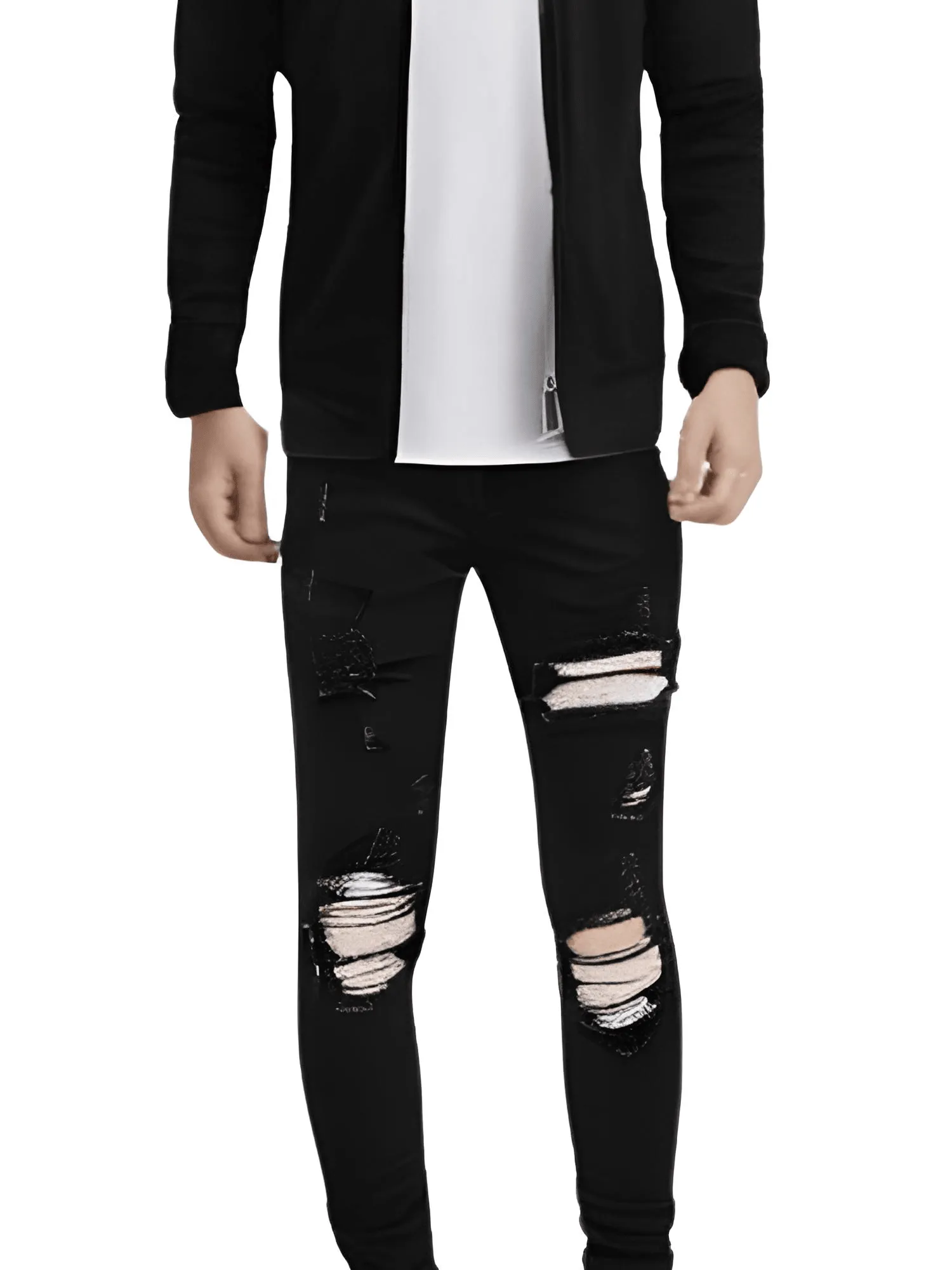 Cracked Silver Leather Patch Ripped Black Jeans Men's Streetwear Denim