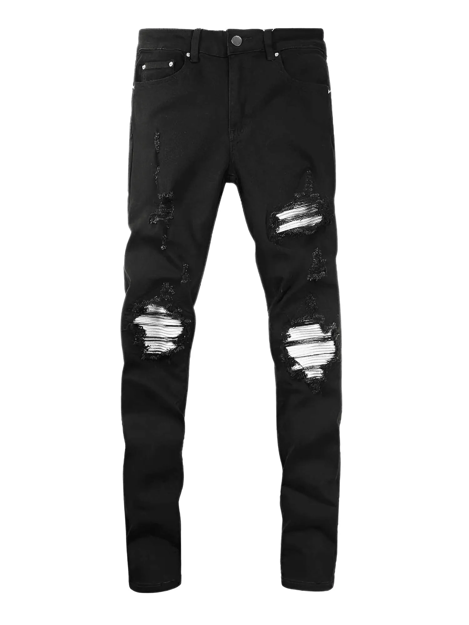 Cracked Silver Leather Patch Ripped Black Jeans Men's Streetwear Denim