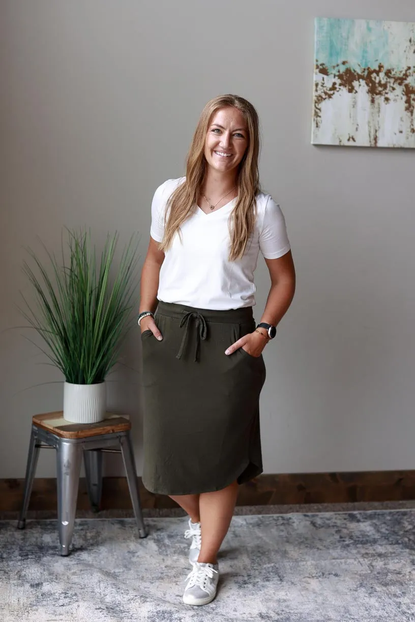 Dark Olive Drawstring Midi Skirt