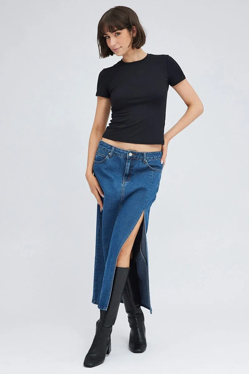 Denim Maxi Skirt Mid Rise Denim Pencil Slit