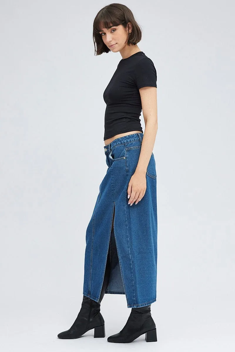 Denim Maxi Skirt Mid Rise Denim Pencil Slit