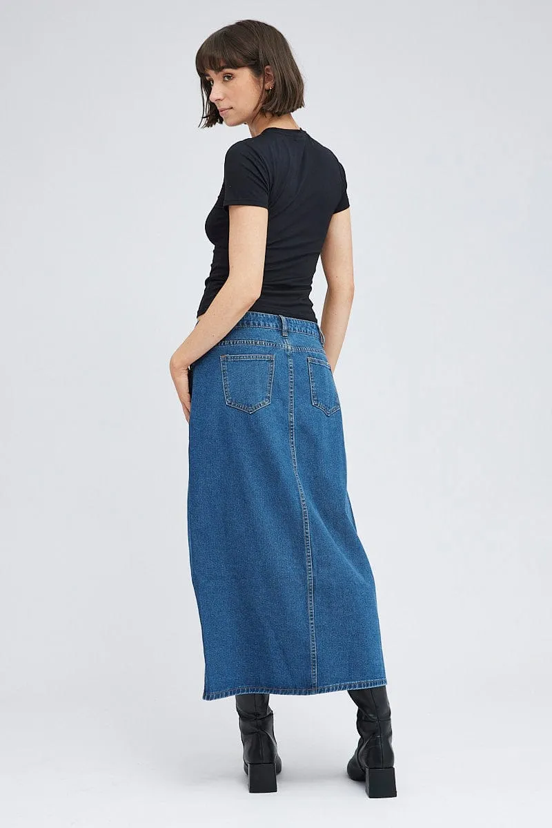 Denim Maxi Skirt Mid Rise Denim Pencil Slit