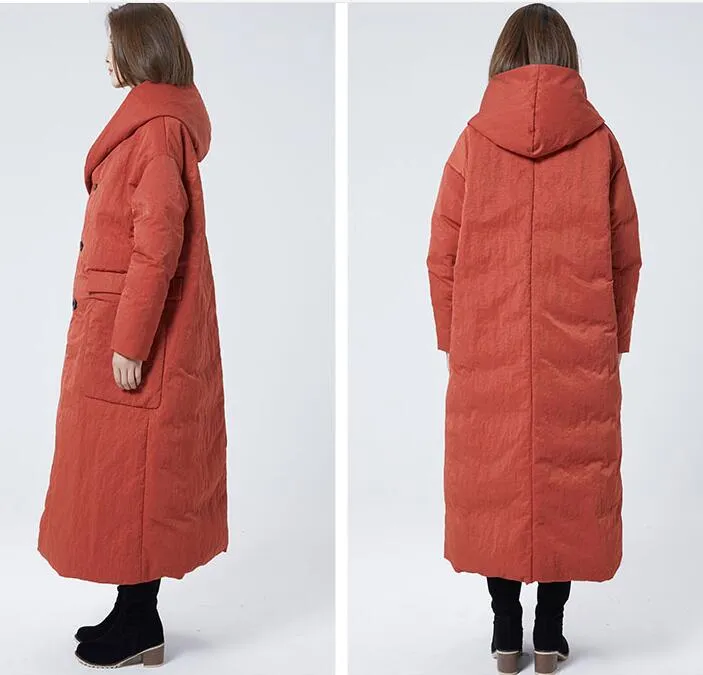 Double Breast Long Puffer Coat, Winter Duck Down Coat Jacket, Light Weight Hooded Down Jacket 7756