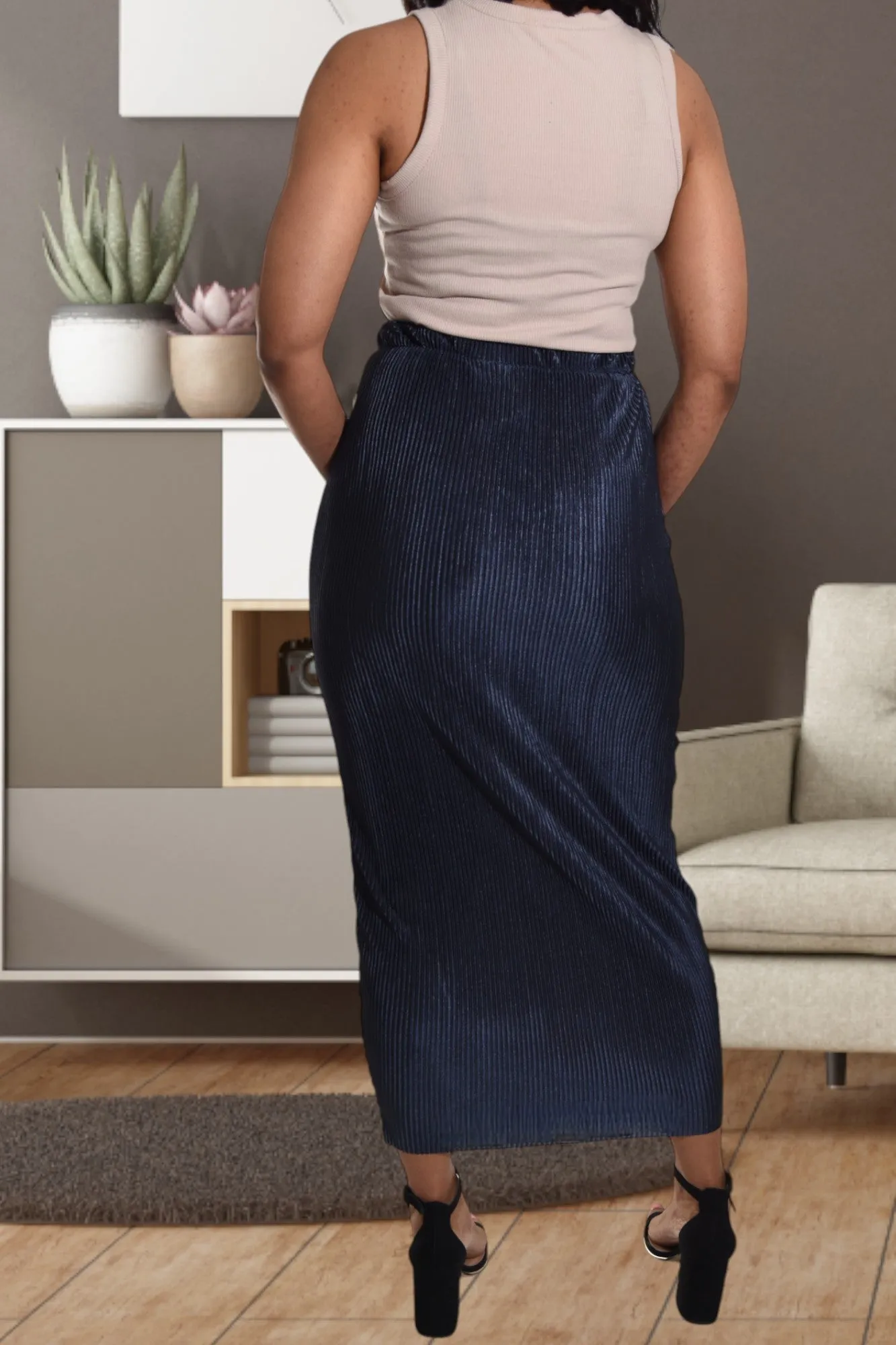 Elastic Waist Navy Pencil Skirt