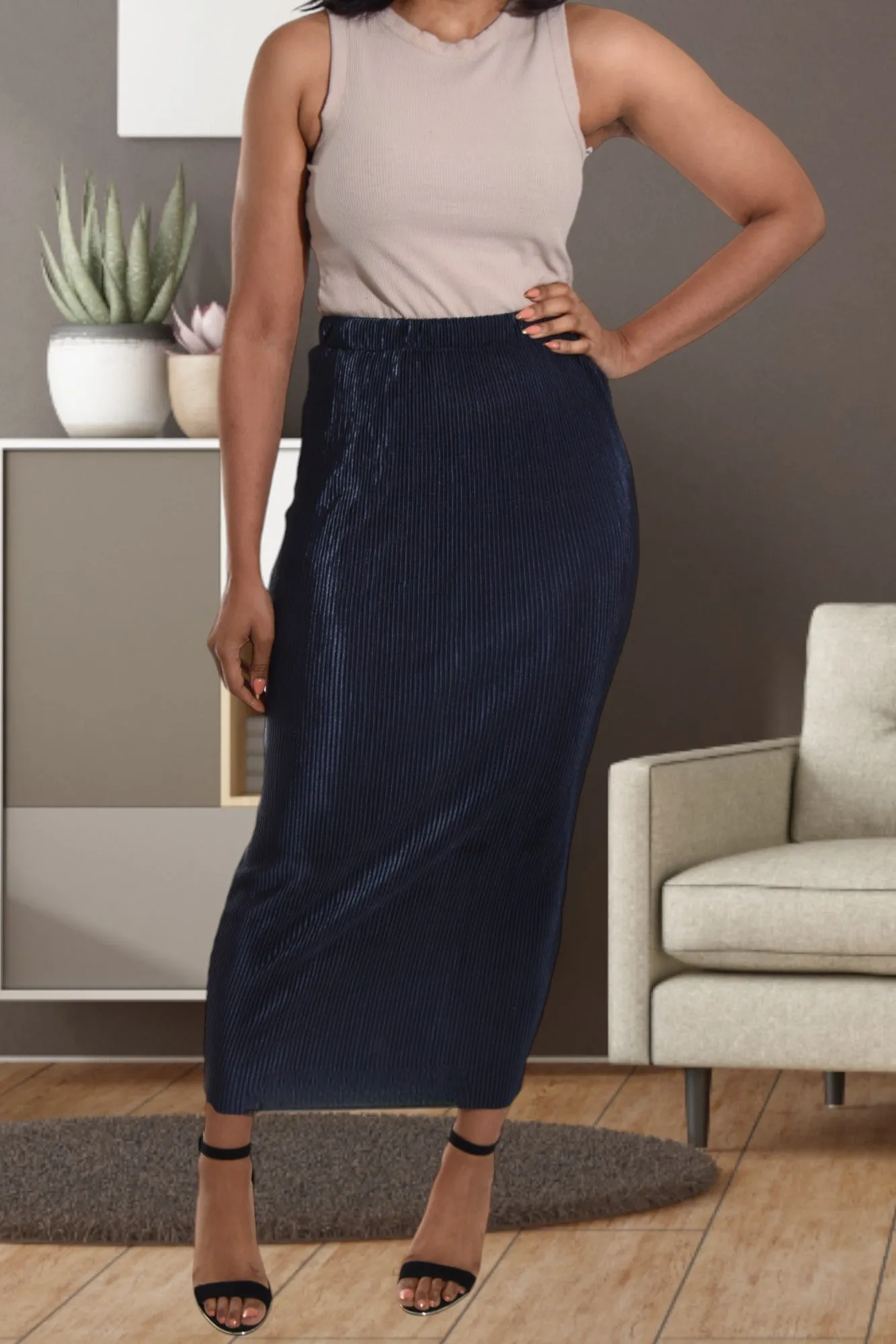 Elastic Waist Navy Pencil Skirt