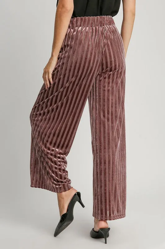 Elastic Waist Striped Wide Leg Velvet Pants - Burgundy