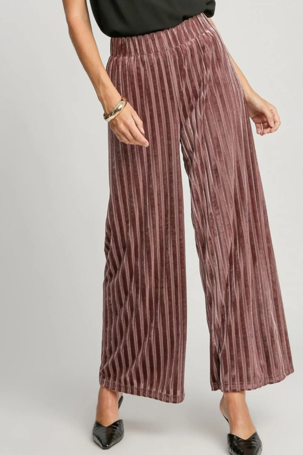 Elastic Waist Striped Wide Leg Velvet Pants - Burgundy