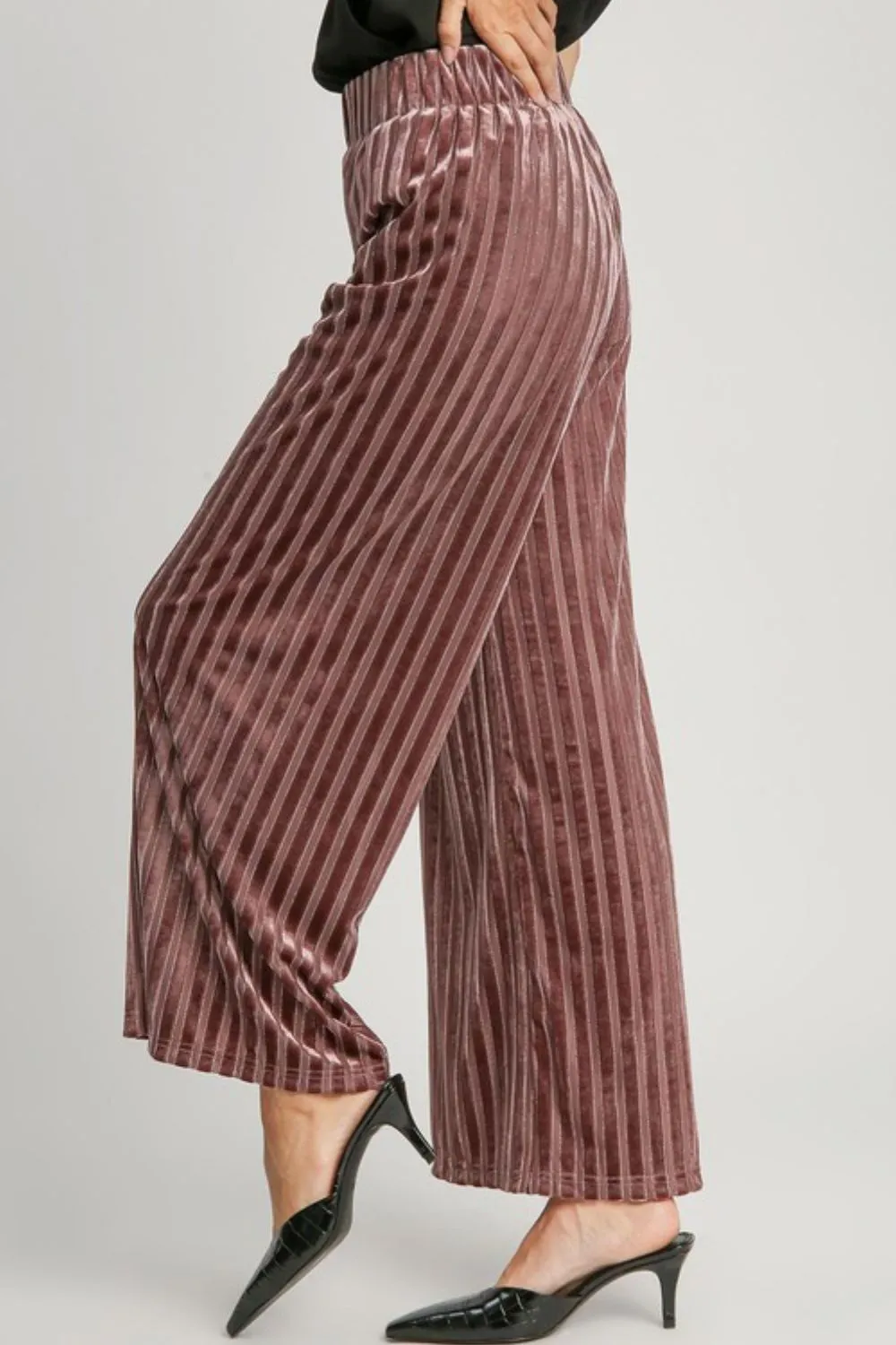 Elastic Waist Striped Wide Leg Velvet Pants - Burgundy