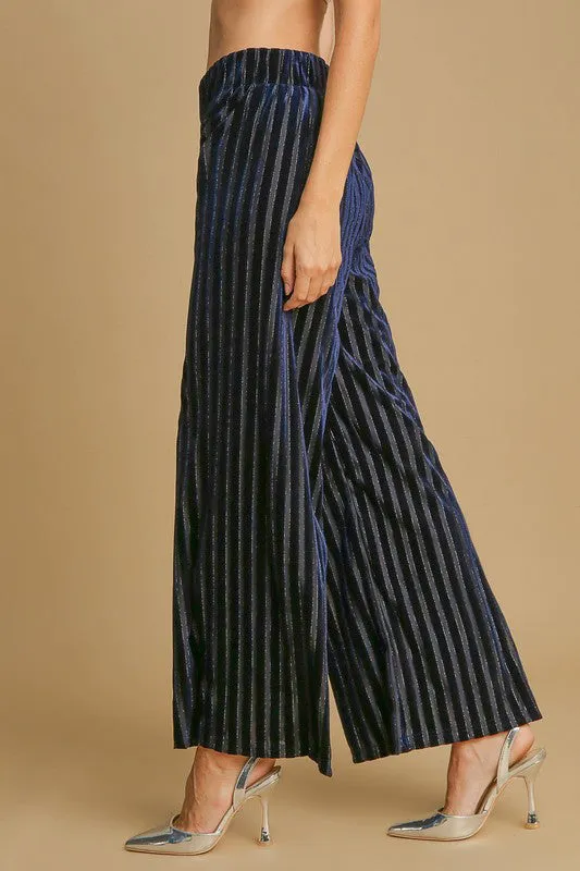 Elastic Waist Striped Wide Leg Velvet Pants - Navy