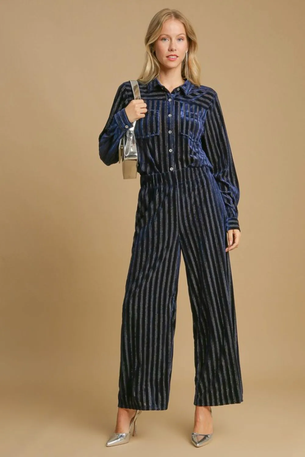 Elastic Waist Striped Wide Leg Velvet Pants - Navy