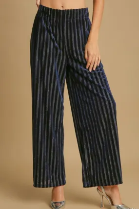 Elastic Waist Striped Wide Leg Velvet Pants - Navy