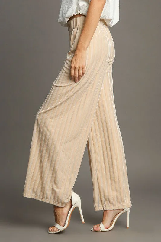 Elastic Waist Striped Wide Leg Velvet Pants