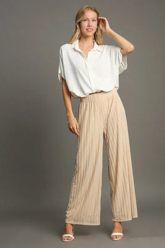 Elastic Waist Striped Wide Leg Velvet Pants