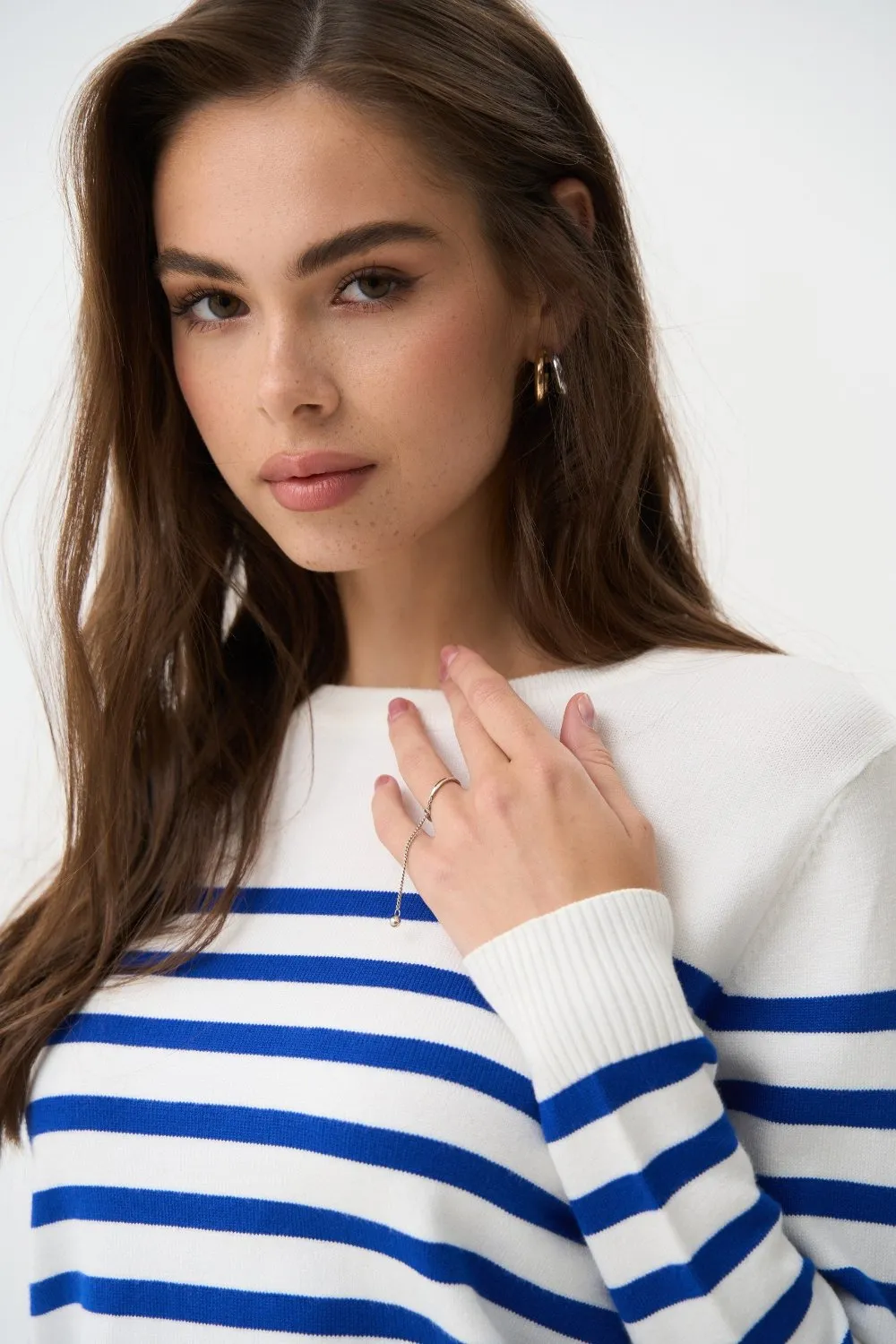 Electric Blue Striped Knit Sweater with a Crew Neck