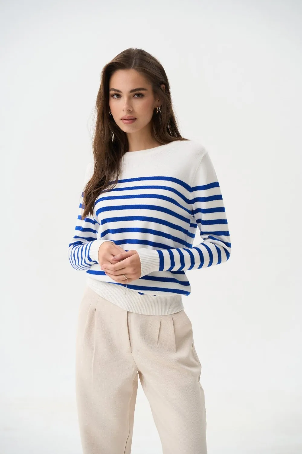 Electric Blue Striped Knit Sweater with a Crew Neck