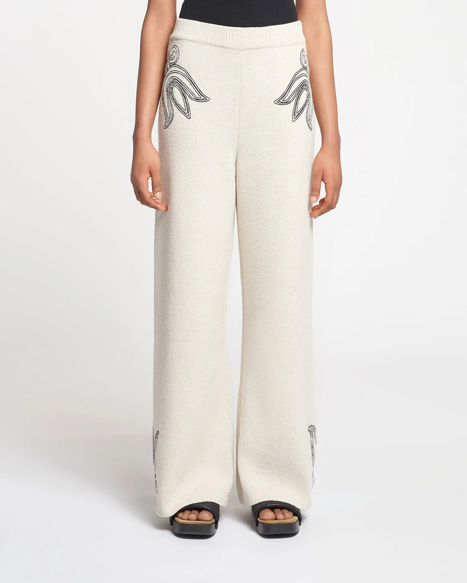 Emmie - Embroidered Textured-Linen Pants - Natural/Black