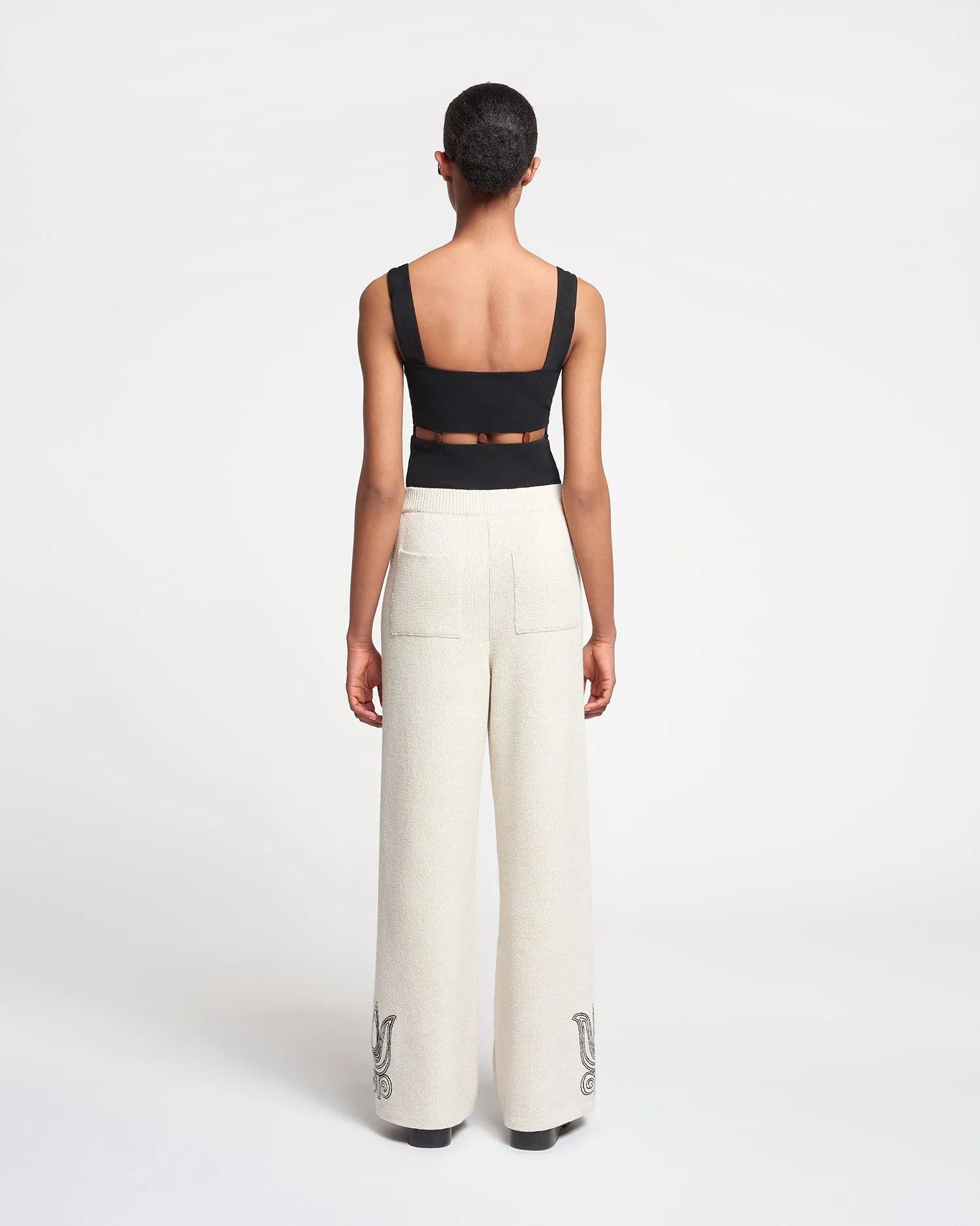 Emmie - Embroidered Textured-Linen Pants - Natural/Black