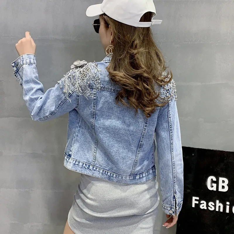 Europe Station New Shoulder Rivet Denim Jacket Women's Short Slim Jacket Three Dimensional Flower Top