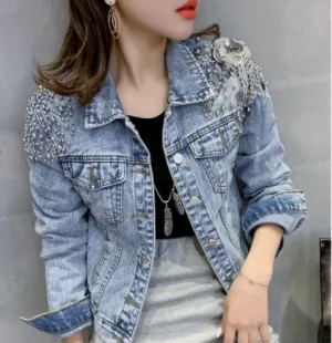 Europe Station New Shoulder Rivet Denim Jacket Women's Short Slim Jacket Three Dimensional Flower Top