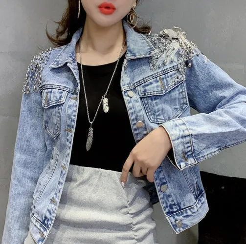 Europe Station New Shoulder Rivet Denim Jacket Women's Short Slim Jacket Three Dimensional Flower Top