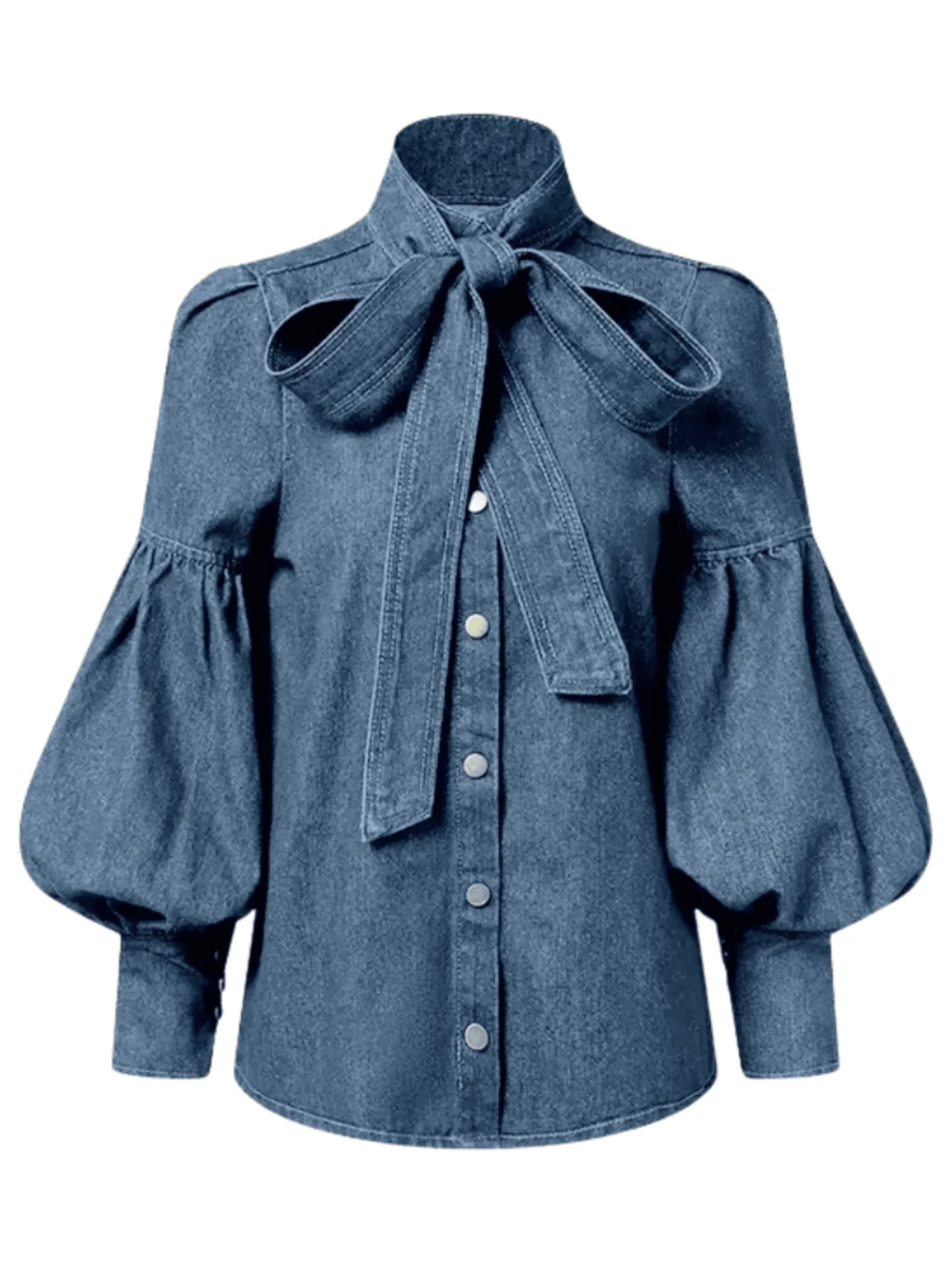 Fashion Blouse Women's Denim Puff Sleeve Tops For Urban Lady High Neck Shirts Tops Women