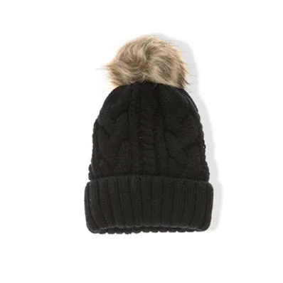 FAUX FUR CABLE KNIT BEANIE with removable Pom Pom