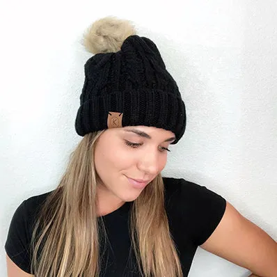 FAUX FUR CABLE KNIT BEANIE with removable Pom Pom