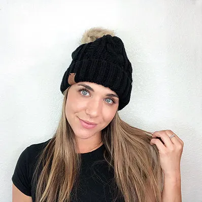 FAUX FUR CABLE KNIT BEANIE with removable Pom Pom