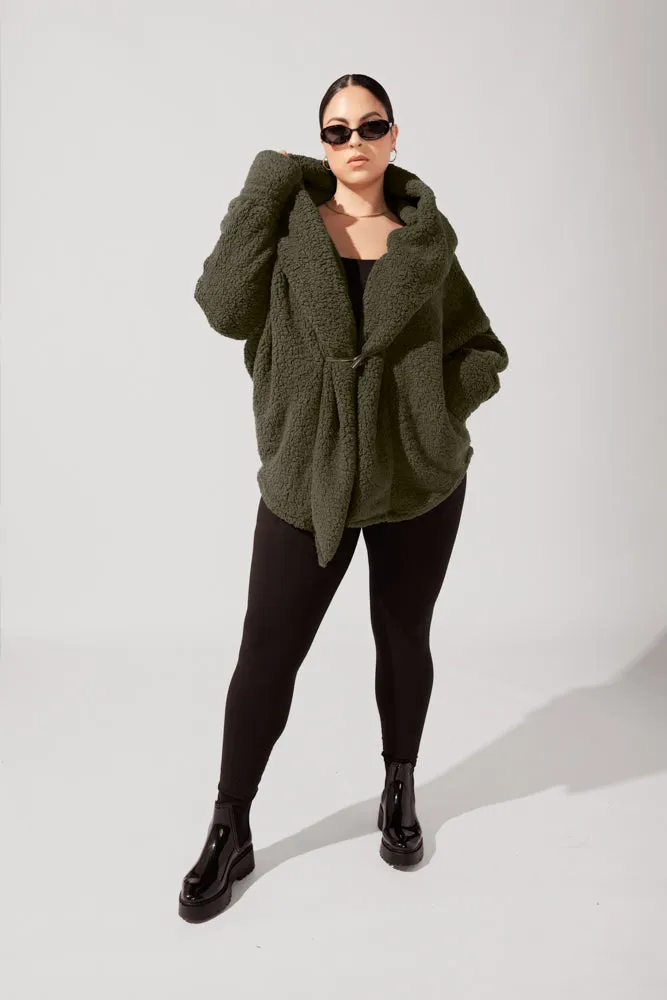 Faux Sherpa Cocoon Coat - Olive