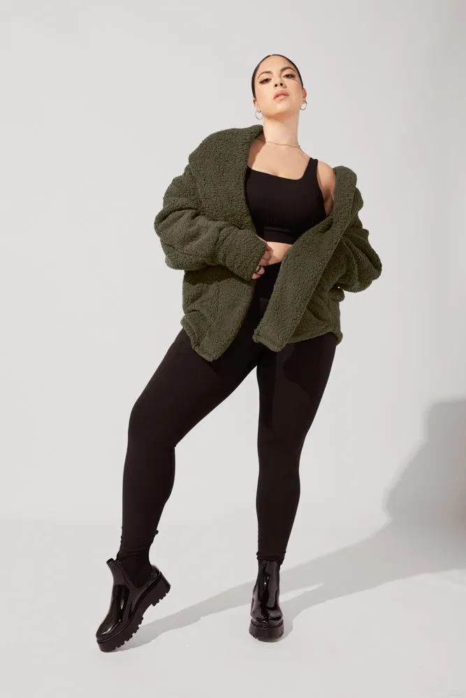 Faux Sherpa Cocoon Coat - Olive