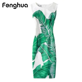 Fenghua Vintage Casual Elegant Sexy Women Summer Dress Plus Size 2017 Floral Party Dresses Slim O-neck Pencil Bodycon Dress 4XL