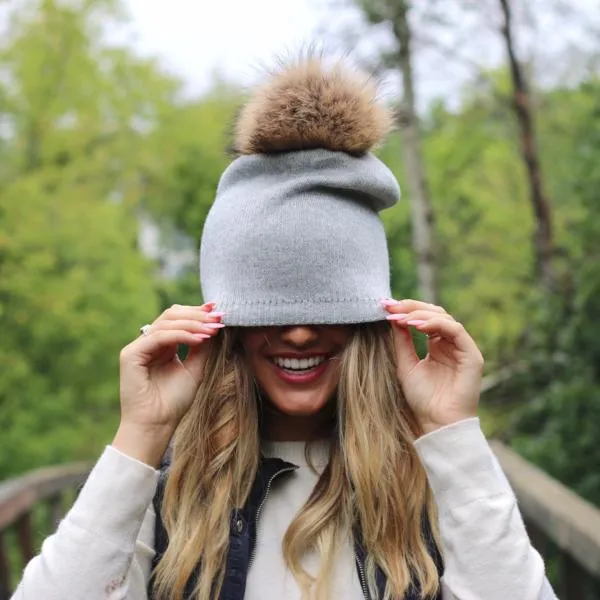 Fine Knit Fur Pom Slouchy Beanie