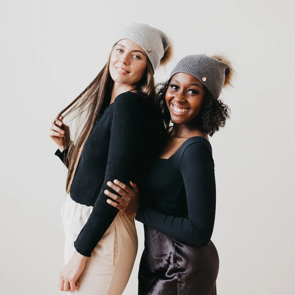 Fine Knit Fur Pom Slouchy Beanie