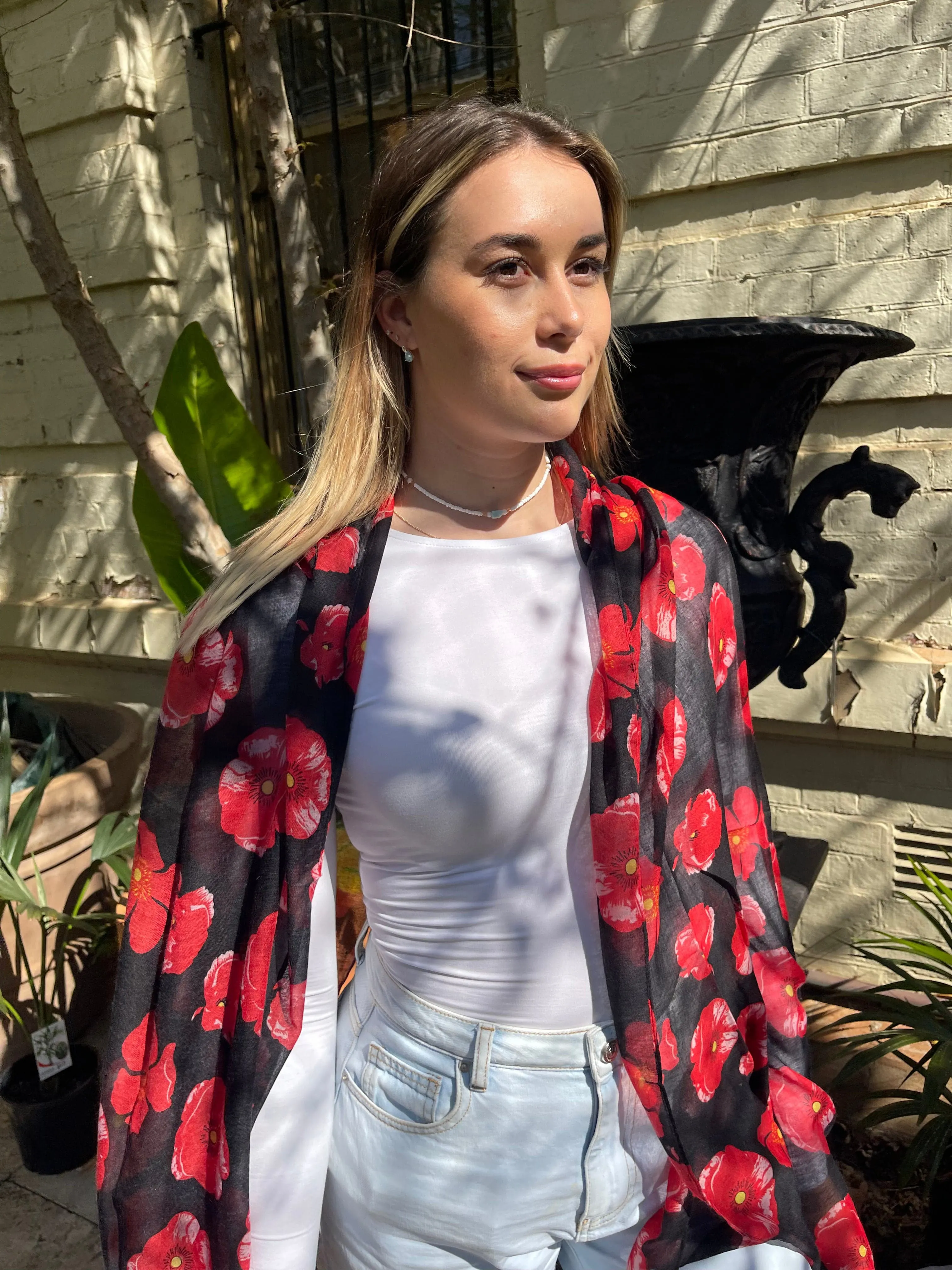 Floral Scarf - Red Poppy On Black Background