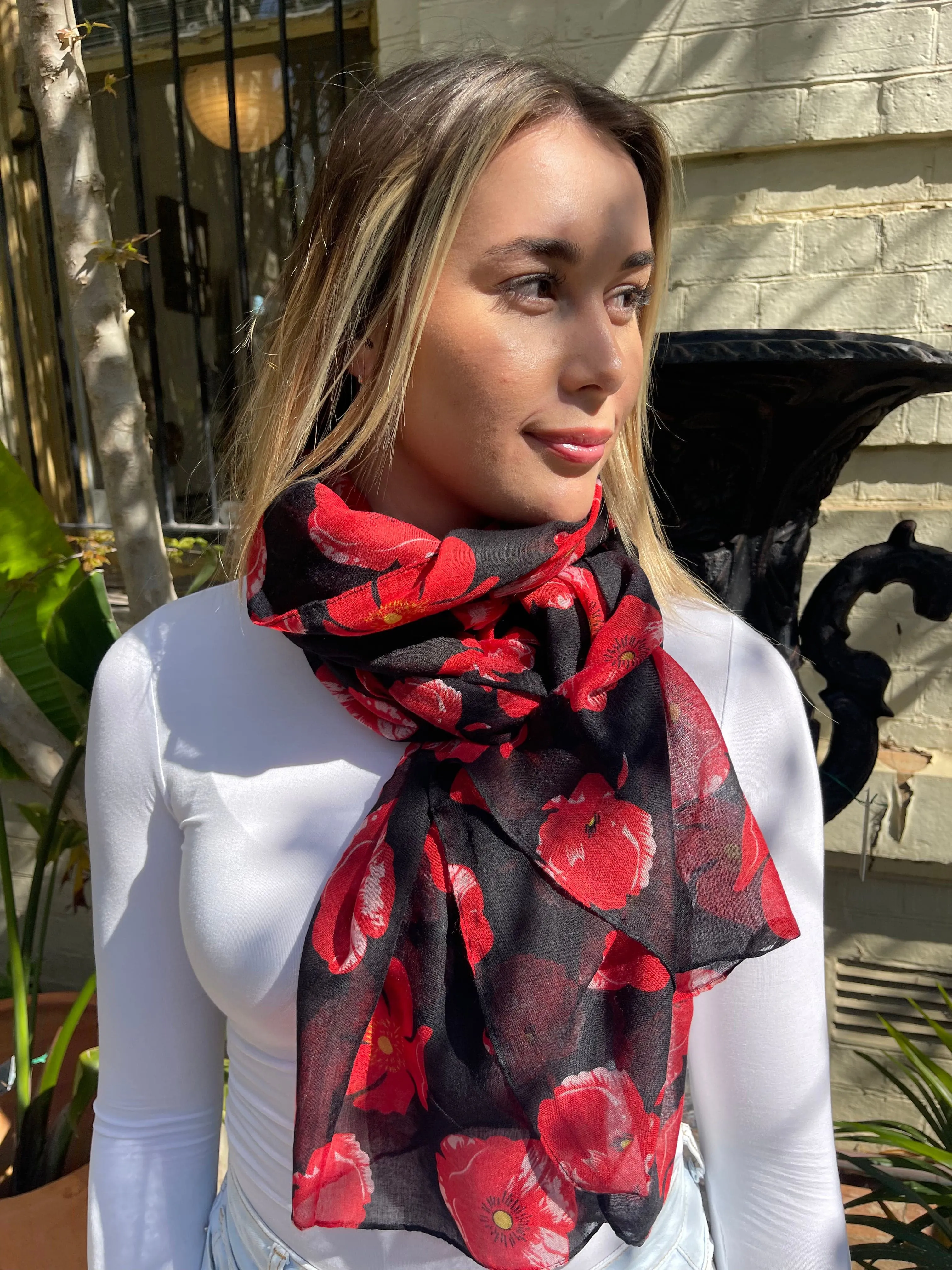 Floral Scarf - Red Poppy On Black Background