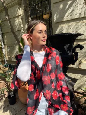 Floral Scarf - Red Poppy On Black Background