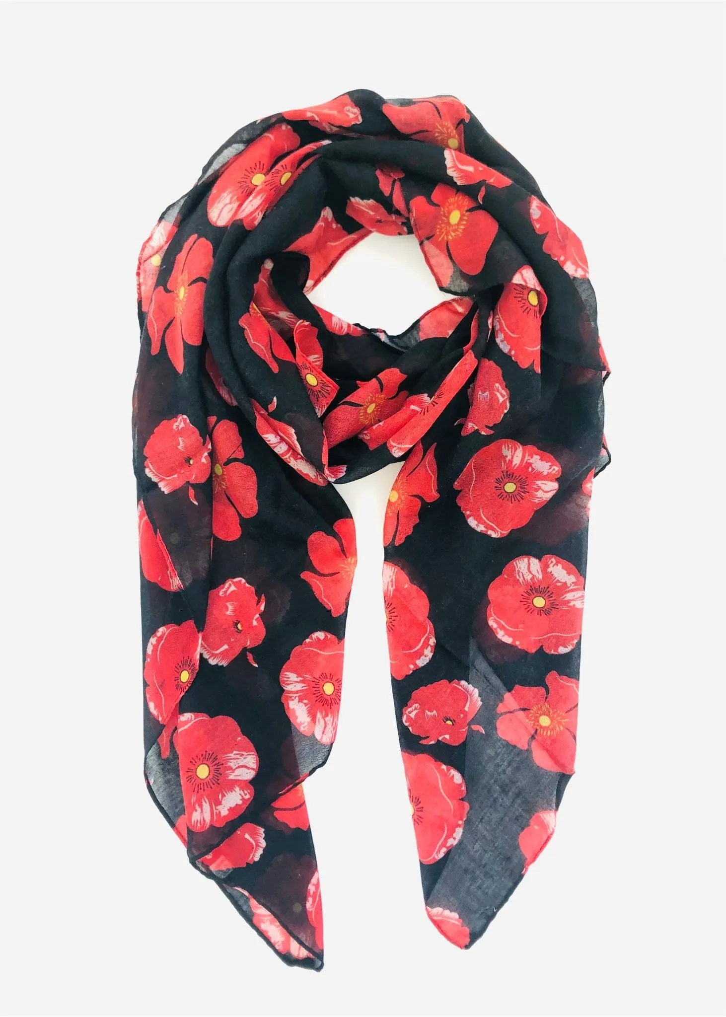 Floral Scarf - Red Poppy On Black Background