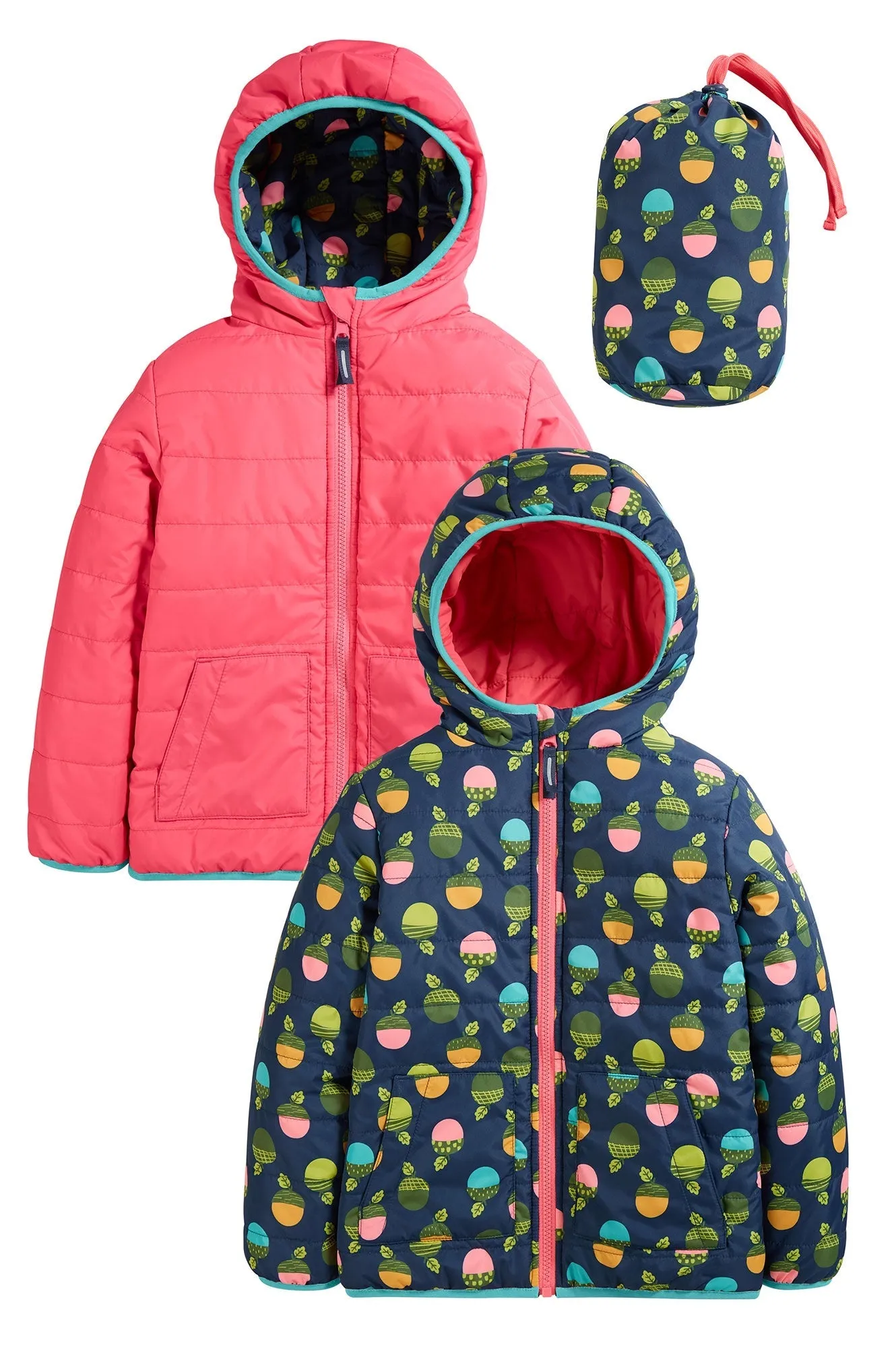 Frugi Reversible Toasty Trail Jacket in Indigo Acorns/Honeysuckle