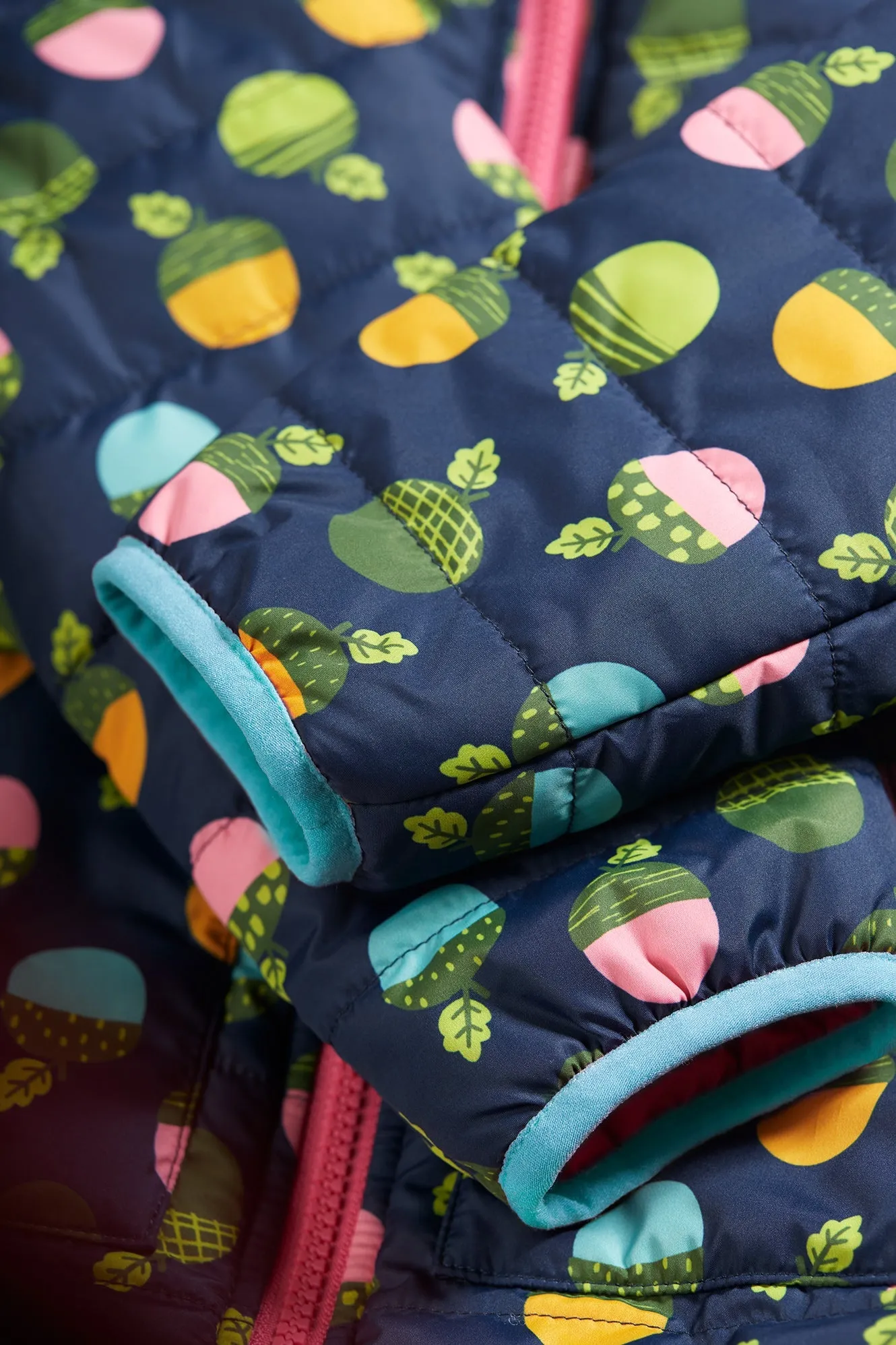 Frugi Reversible Toasty Trail Jacket in Indigo Acorns/Honeysuckle