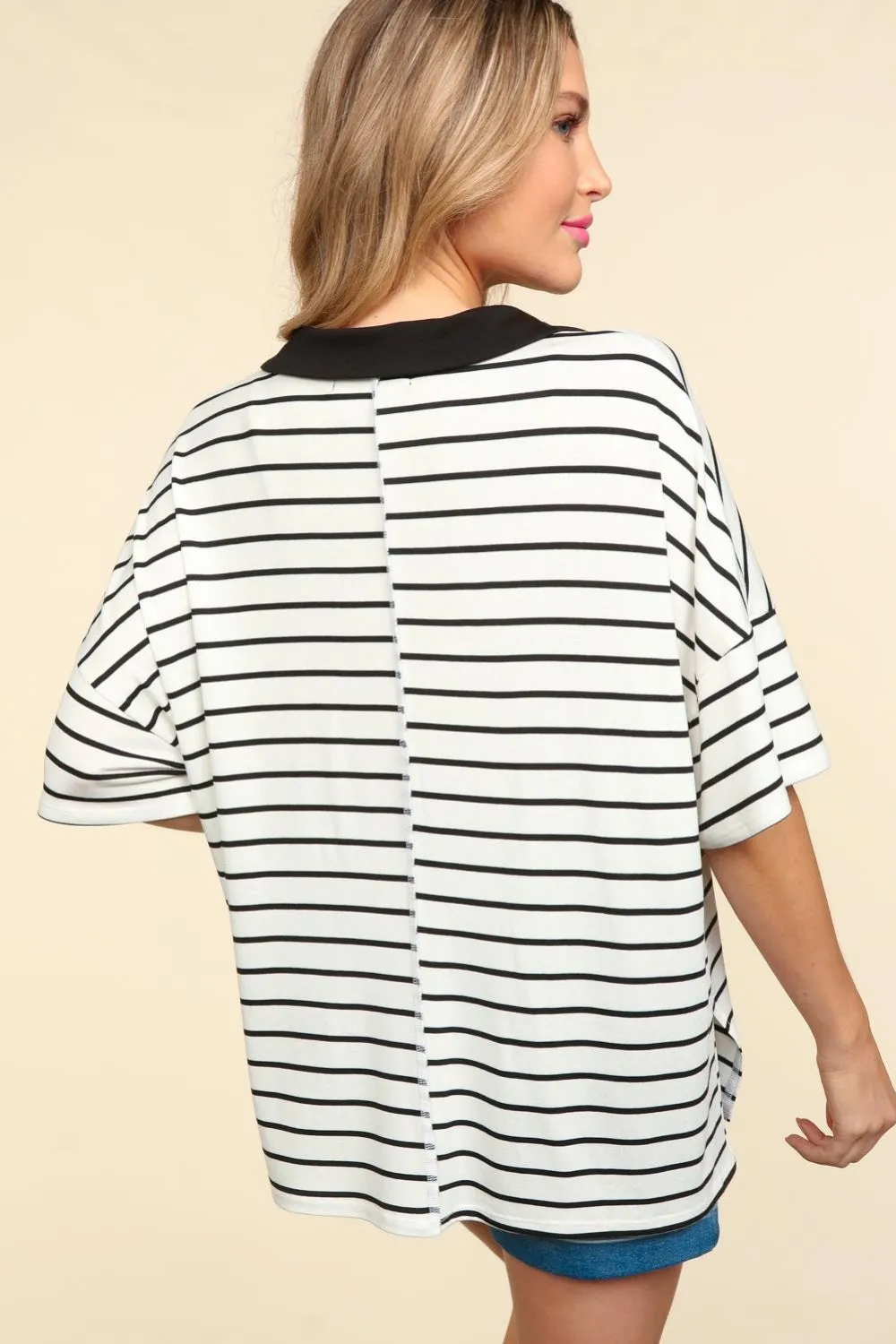 Full Size Striped Dropped Shoulder Half Sleeve T-Shirt